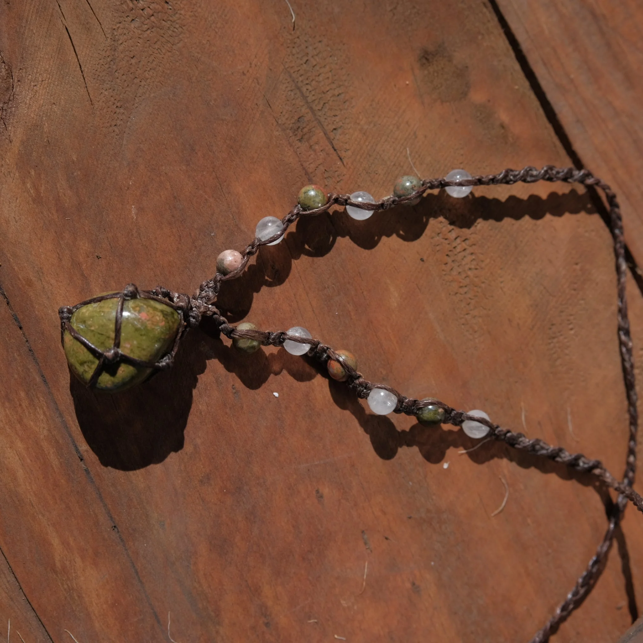 Unakite & Rose Quartz Crystal Macrame Necklace