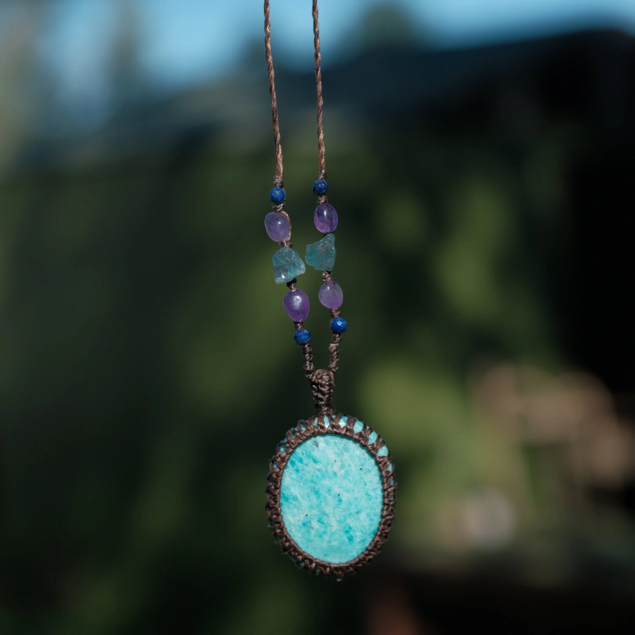 Amazonite, Apatite, Amethyst & Lapis Lazuli Macrame Necklace