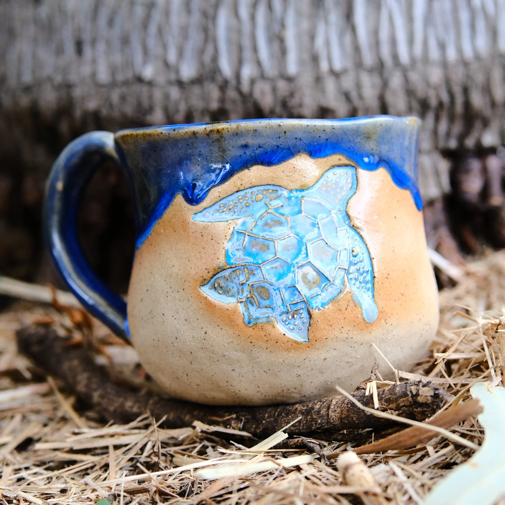 handmade ceramic sea turtle mug with blue glaze australian pottery