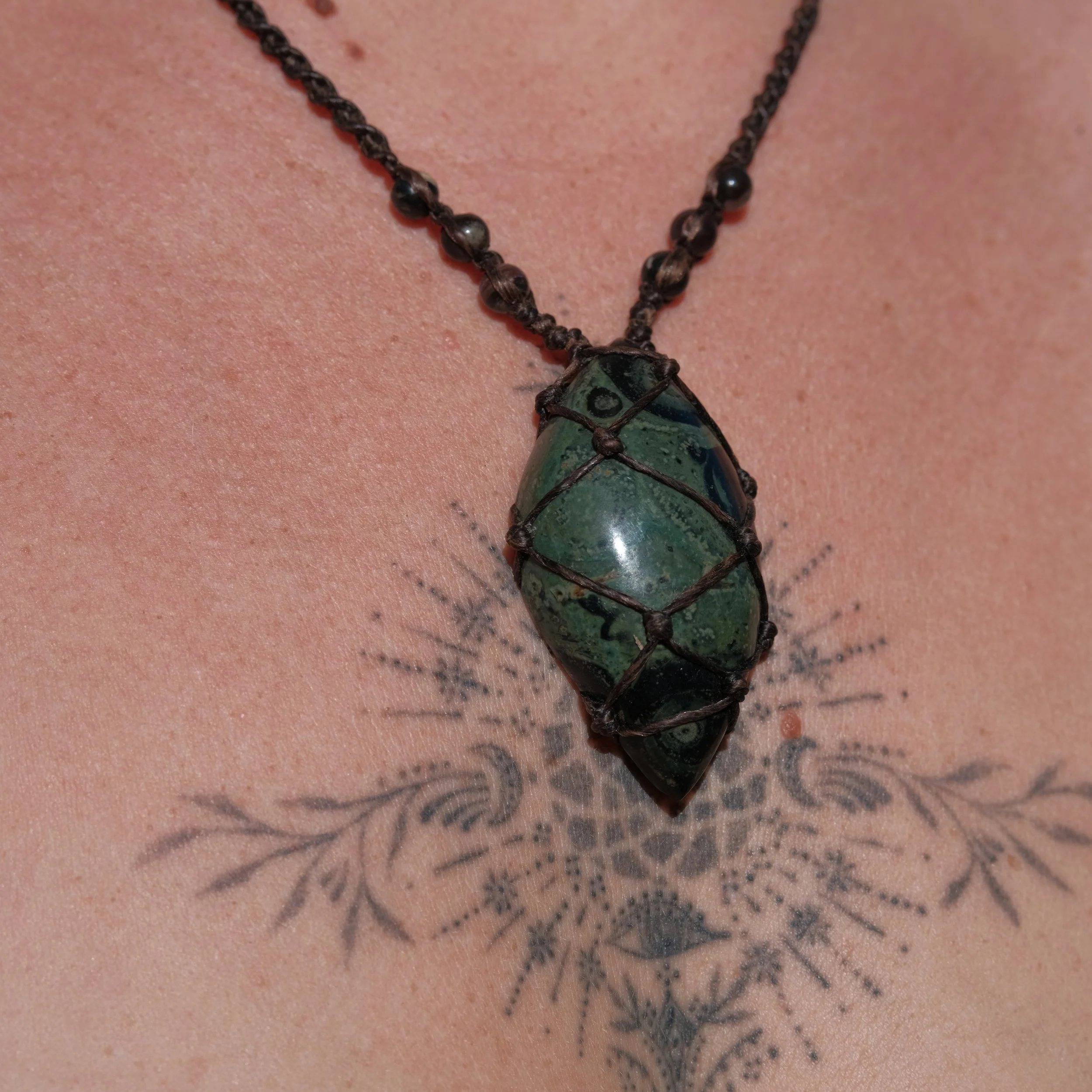 Kambaba Jasper & Rhodonite Crystal Macrame Necklace