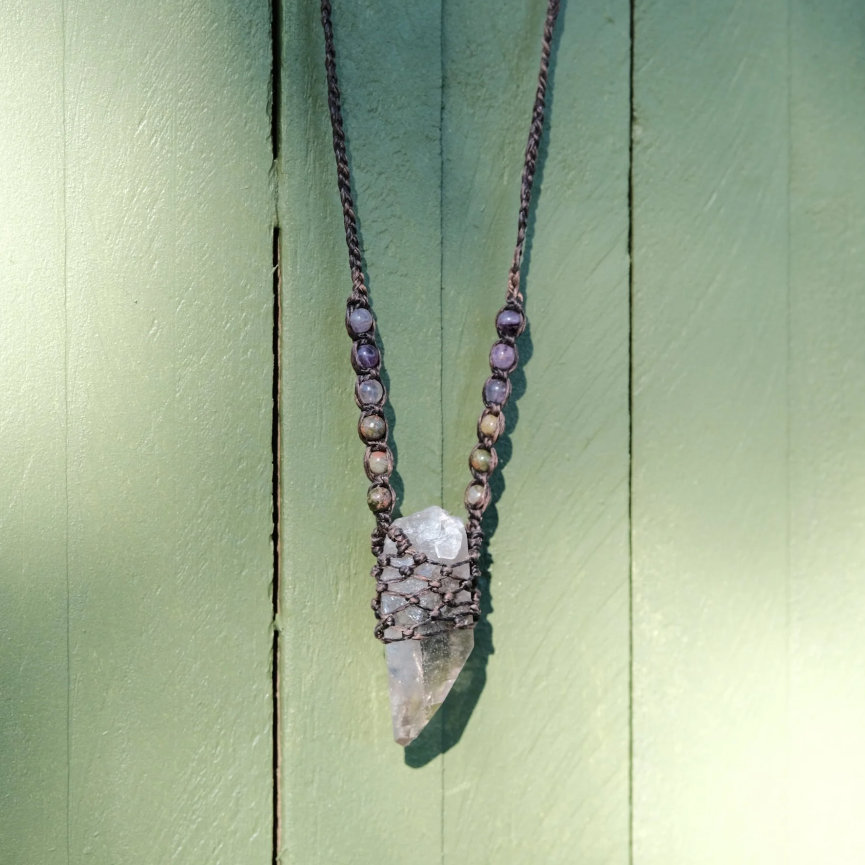 Smoky Quartz, Unakite & Amethyst Crystal Macrame Necklace