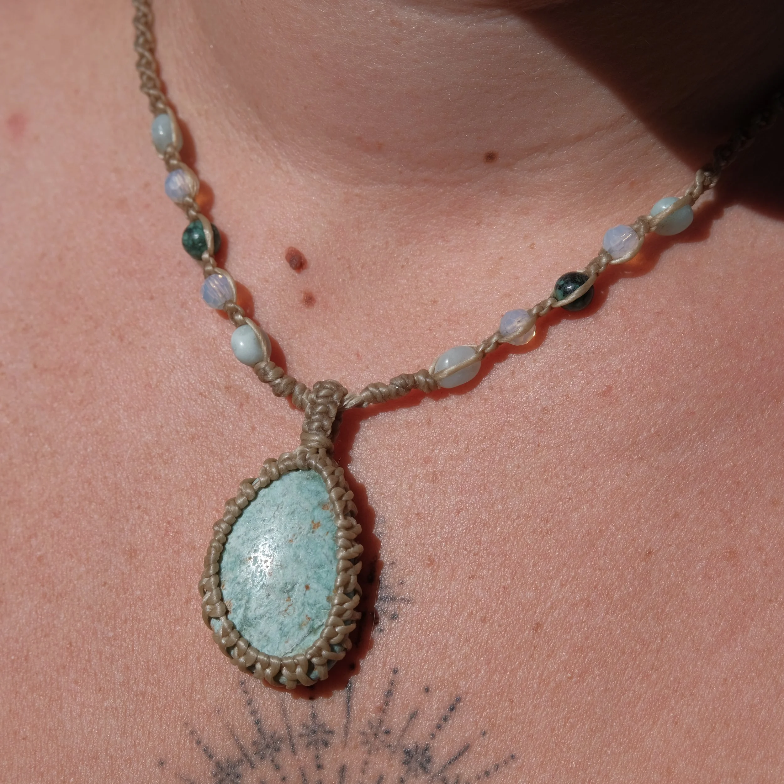 Amazonite, Opalite & Jasper Crystal Macrame Necklace