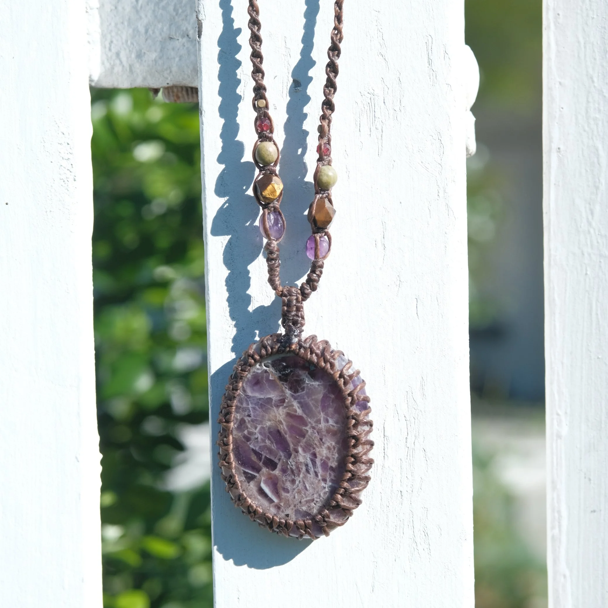 Amethyst, Tiger’s Eye, Garnet, Unakite & Brass Macrame Necklace