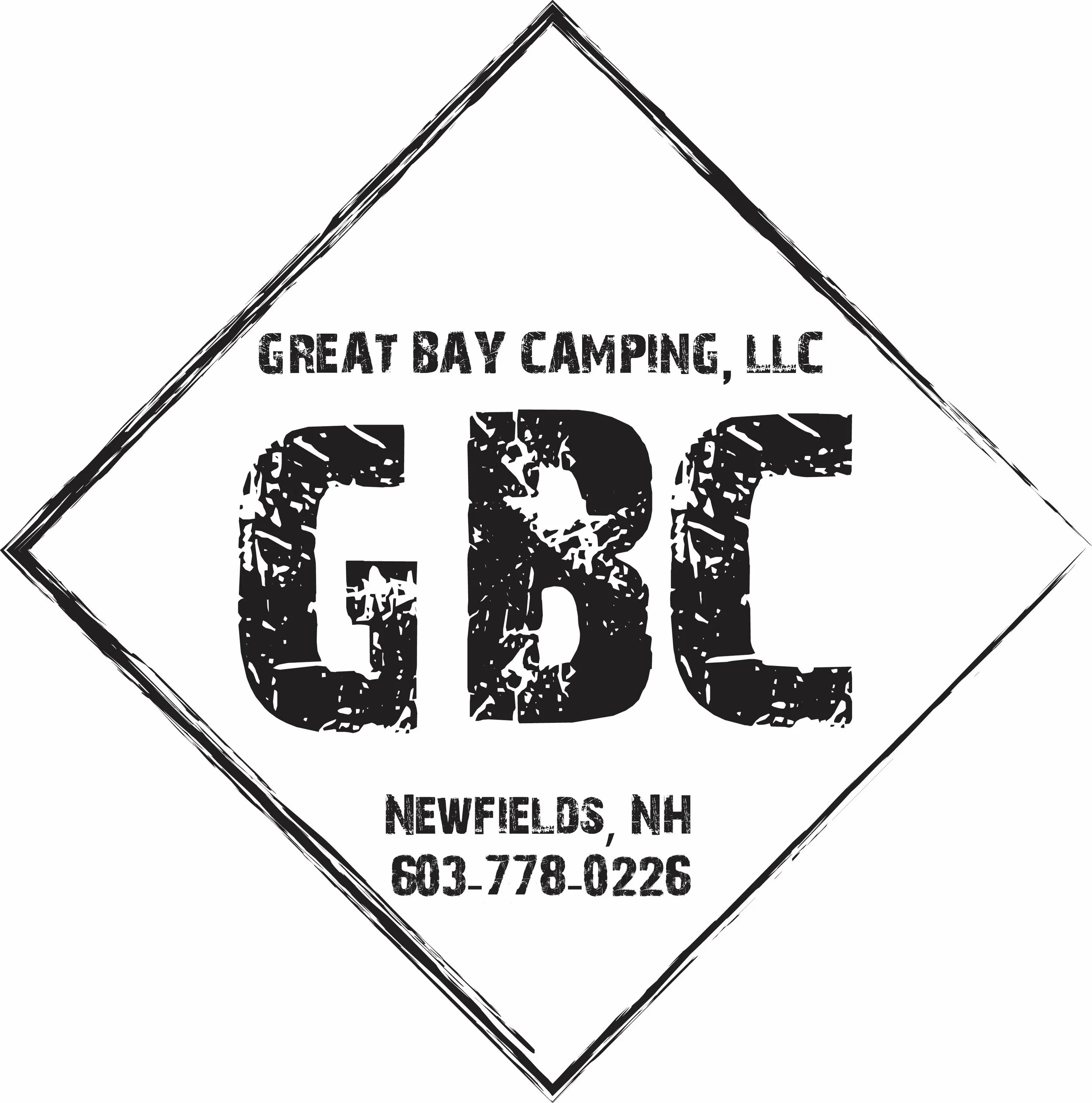 Logo for Great Bay Camping, LLC, featuring a diamond shape with distressed text: 'GREAT BAY CAMPING, LLC', 'GBC', and in smaller font 'NEWFIELDS, NH' and phone number '603-778-0226'.