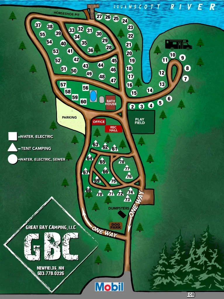 Map of Great Bay Camping in Newfields, New Hampshire, showing numbered campsites, amenities like bathhouse, office, rec hall, playground, dog park, and restrooms, with paths, water and electric hookups, tent camping areas, and surrounding trees.