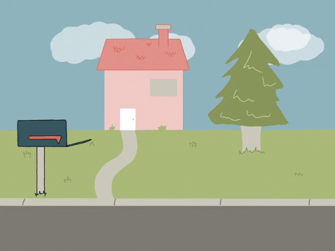 A simple animated illustration of a house with a red roof, a large tree, a pathway leading to the house, and a mailbox on the street. The background includes a cloudy sky.