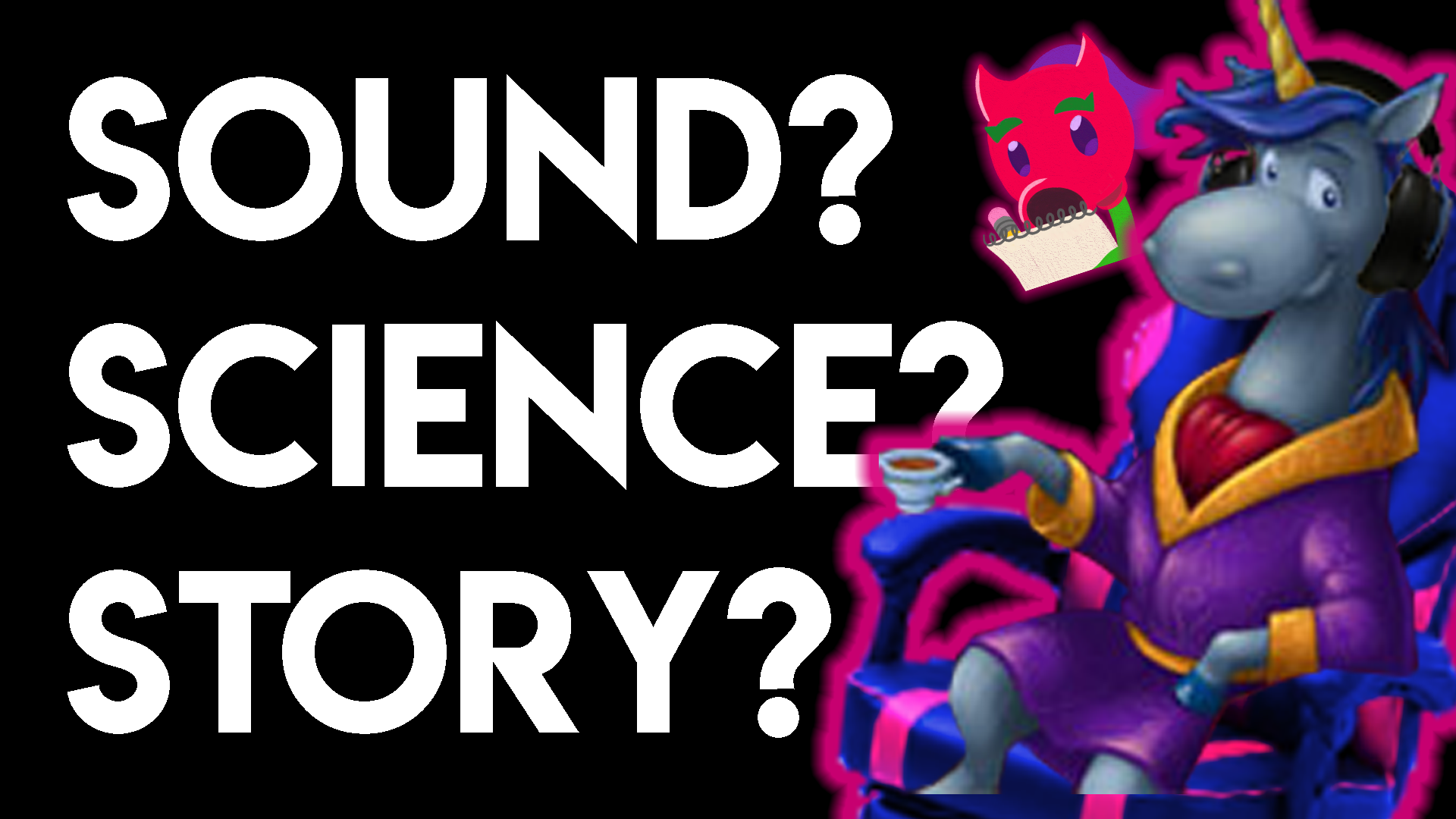 A thumbnail for a video that says Sound? Science? Story? in big white text on the left side. Bjorn from Peggle sits in a gaming chair with headphones on at the right side of the image, accompanied by a red peashooter mascot taking notes.