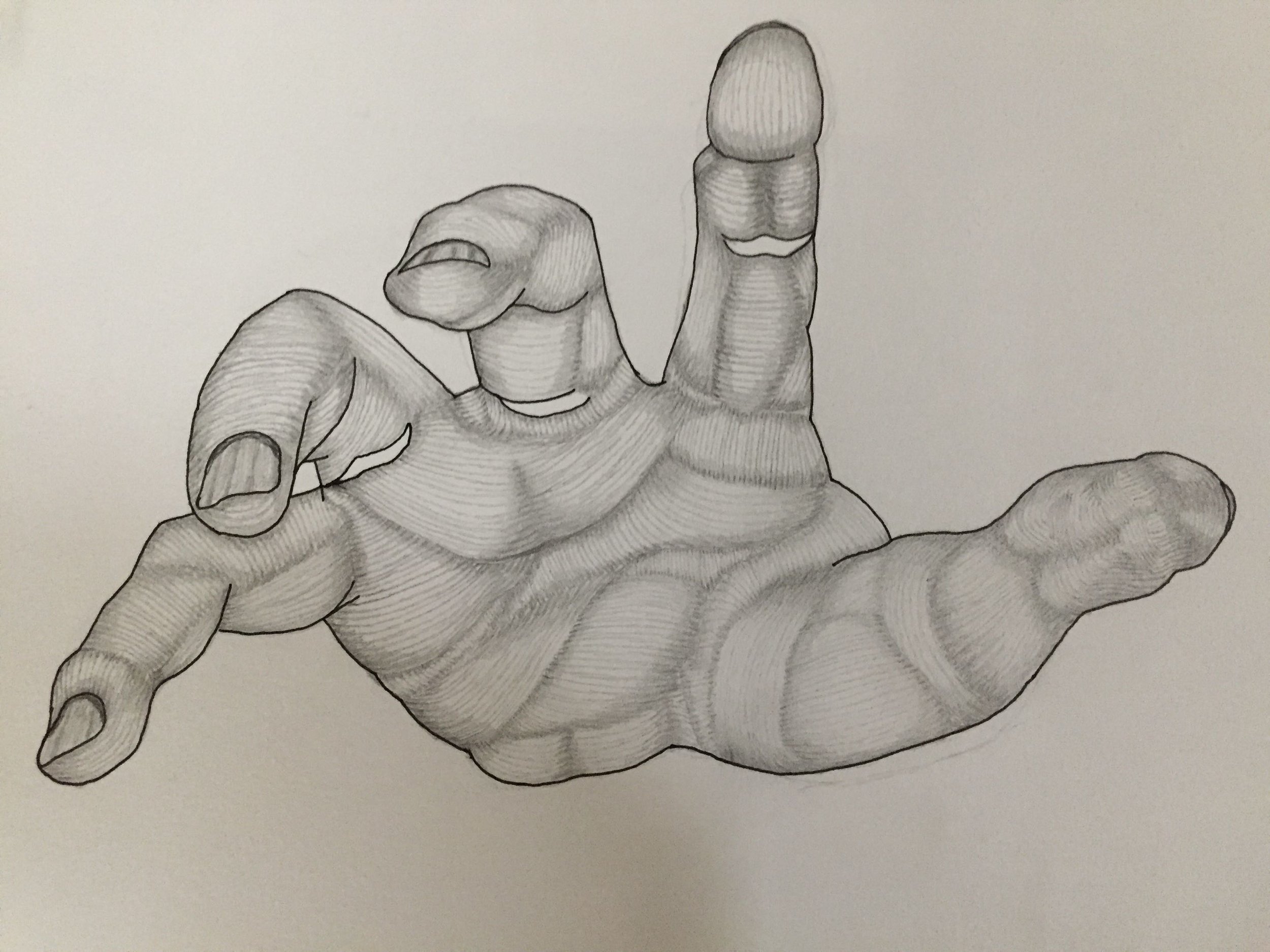 A close-up of one of the hands I did for my hand study piece shown in the next image. I decided to imitate the folds and textures of the skin in a way that evoked the musculature underneath, playing with the anatomy in a both unsettling and aesthetic