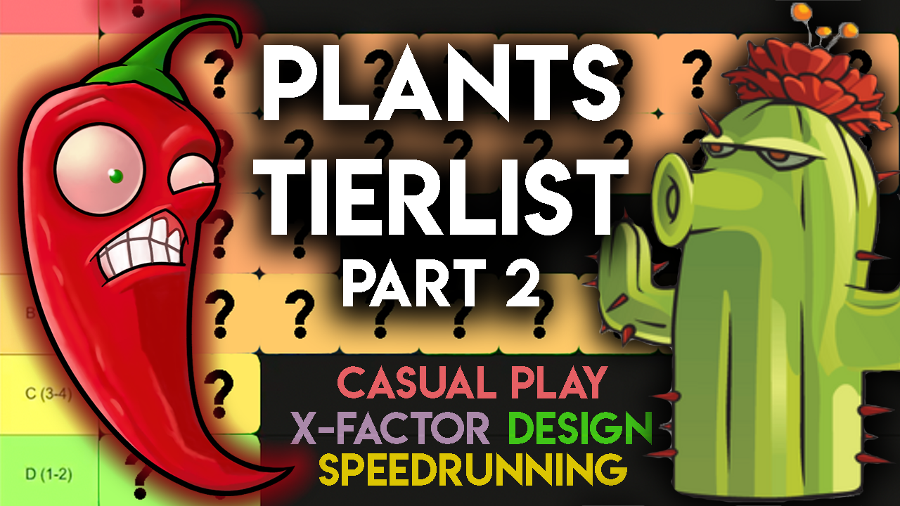 Thumbnail for a video that includes the jalapeno and cactus from plants vs zombies on it. Says "Plant Tierlist Part 2" in the middle with the descriptor words "Casual, X-Factor, Speedrunning and Design" below.