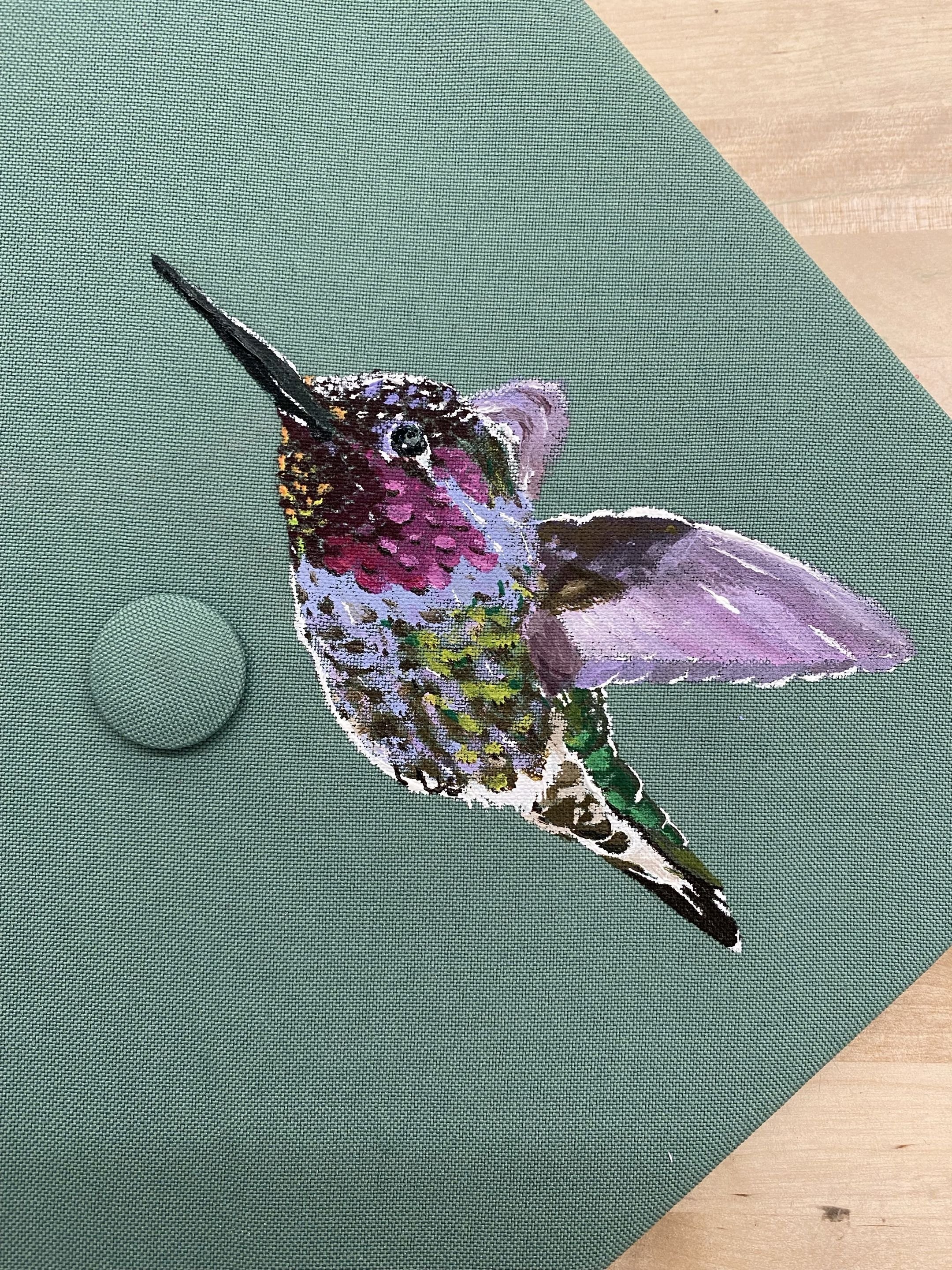 Finally a few traditionally painted pieces from my collegiate years. This is the hummingbird I painted on my graduation cap. By the end of doing this much detail I literally couldn't see straight! The colors were difficult to mix but well worth it.