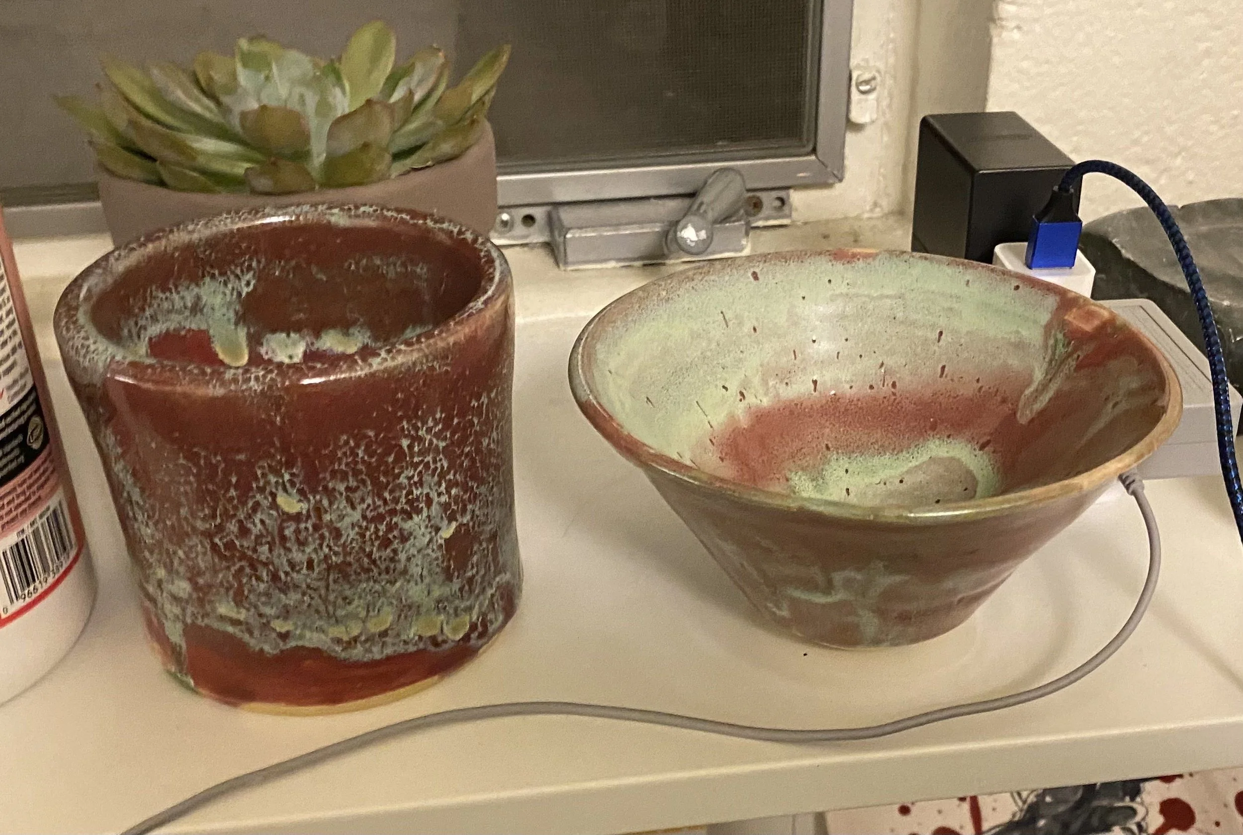Sometimes I like to play with more traditional glazes too, not just underglaze. Here was a fun duo I glazed with a combo of glazes that made a gorgeous watermelon pattern!