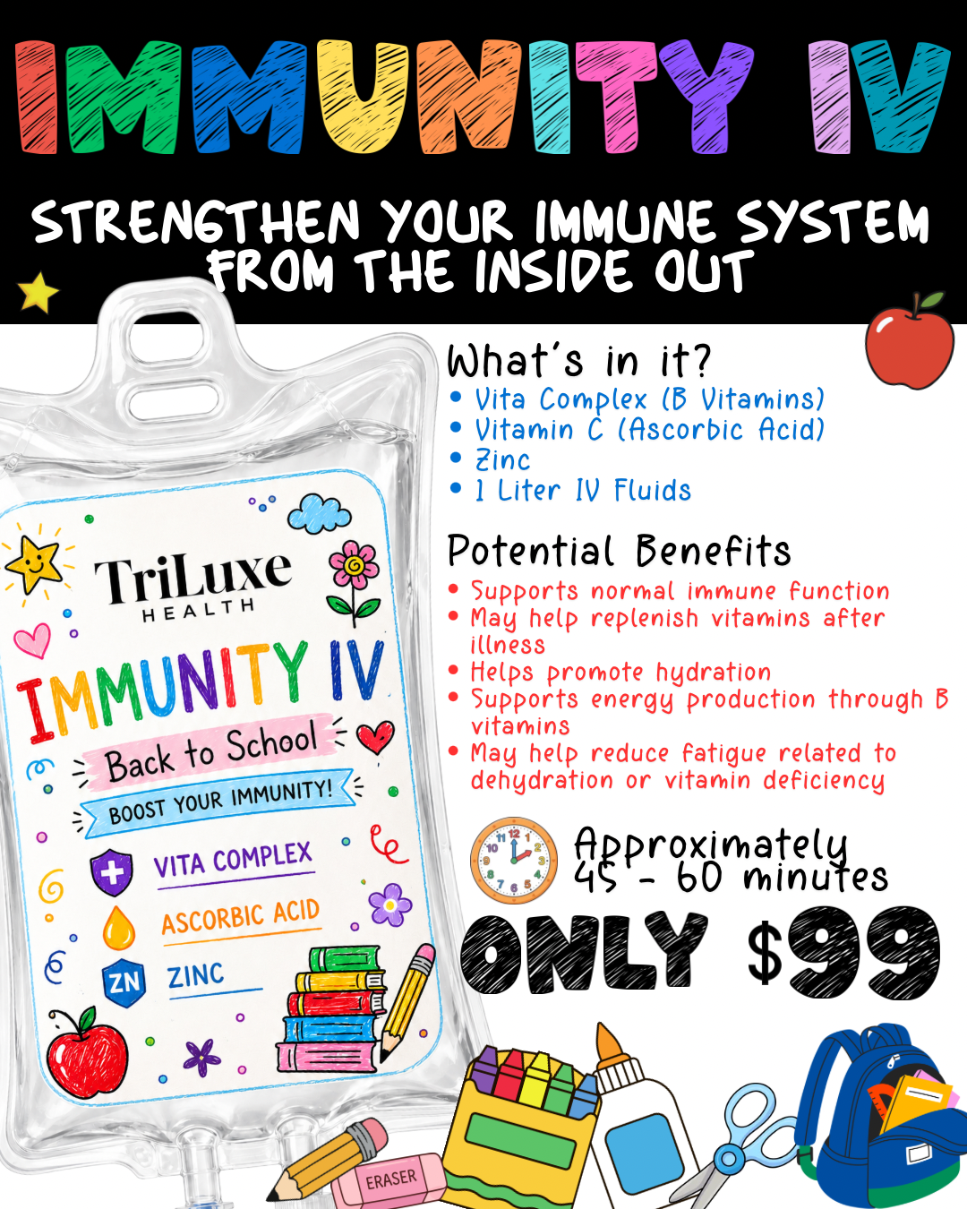 Colorful promotional poster for a vitamin supplement called Immunity IV, emphasizing strengthening the immune system. The poster includes a clear IV bag with supplement ingredients and benefits, such as vitamins, zinc, and fluids. It features cartoon illustrations of school supplies, a backpack, and a red apple, and highlights a price of $99 for a 45-60 minute session.
