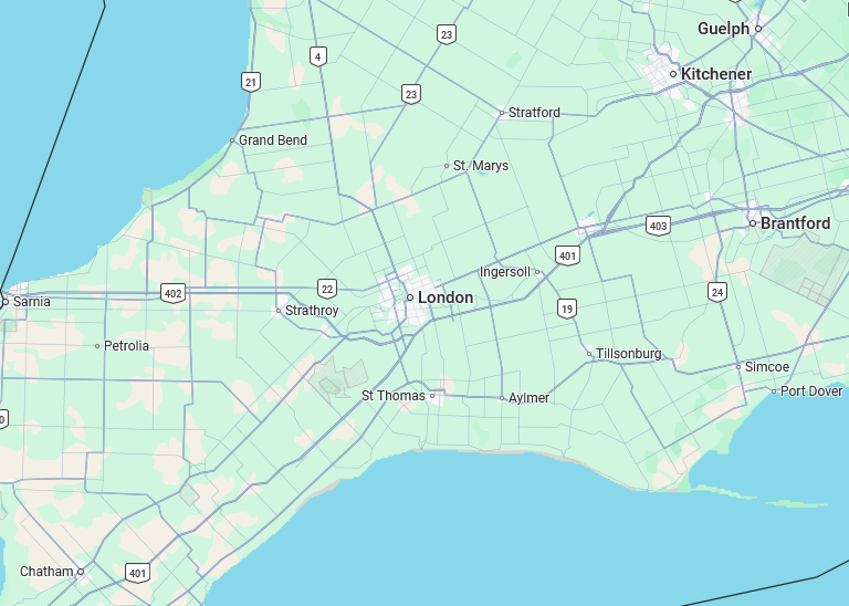 Map showing service area for Elgin Compressor Service:  Elgin County, St. Thomas, London and surrounding area.
