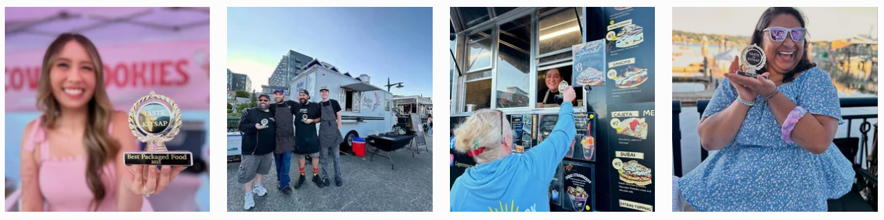 Four images of people enjoying food. The first shows a smiling woman holding an award for Best Packaged Food at a food event. The second shows four men standing in front of a food truck. The third shows a woman ordering food from a food stand, with a child reaching for food. The fourth shows a woman in sunglasses holding a bowl of food, smiling at an outdoor setting.