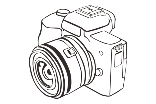 Line drawing of a digital camera with a large lens.
