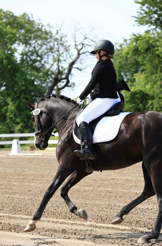 A woman riding a horse in an outdoor arena during autumn, with trees showing fall foliage in the background.