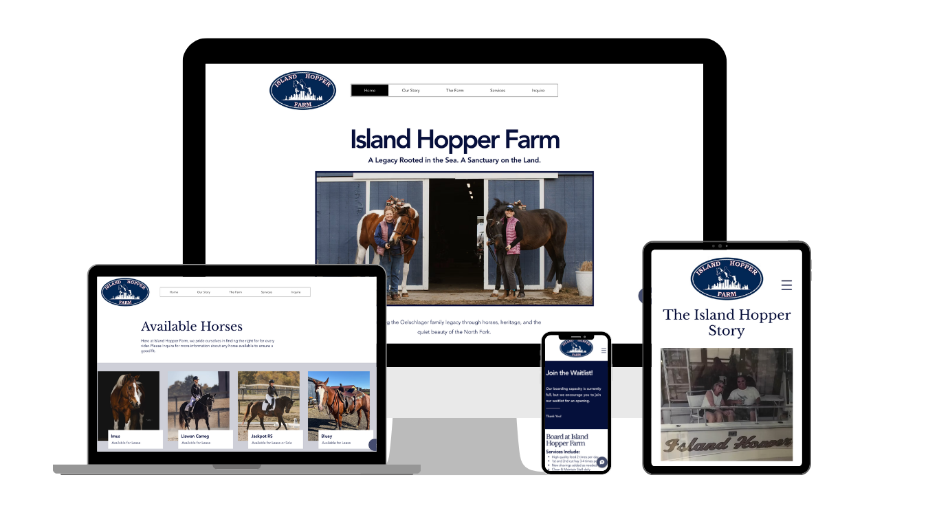 A website displayed on multiple devices showing Island Hopper Farm, featuring images of horses, a barn, and people riding and caring for horses.