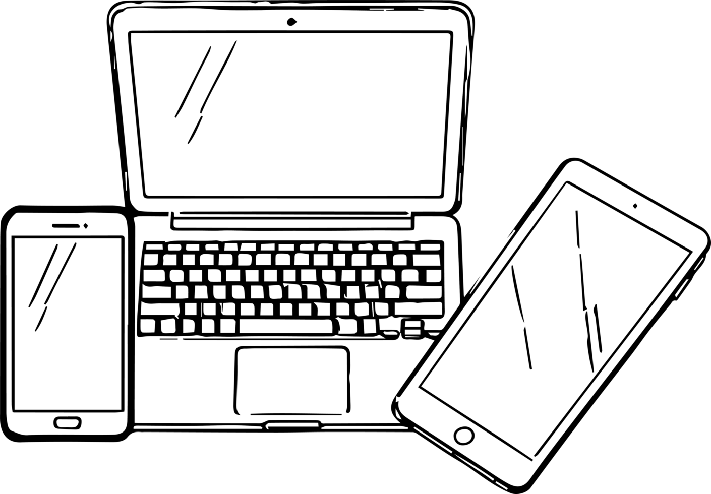 Outline drawing of three electronic devices: a smartphone on the left, a laptop in the center, and a tablet on the right, all against a black background.