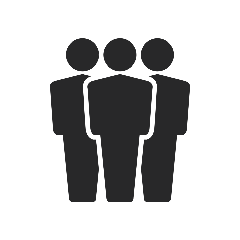 Silhouette of three people standing together against a black background.