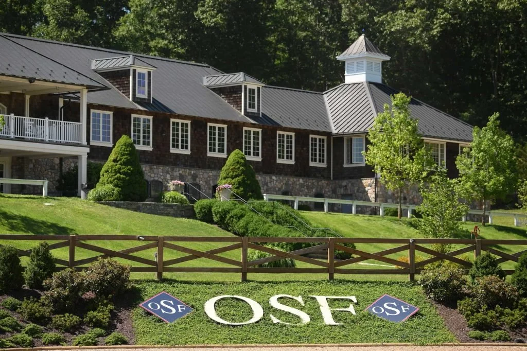 A large house with a metal roof, multiple windows, a small tower, and a stone foundation, surrounded by a well-maintained lawn, trees, shrubs, and a wooden fence, with the letters "OSF" on the grass in front.