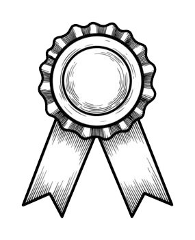 Black and white illustration of an award ribbon with a circular center and two hanging ribbons.