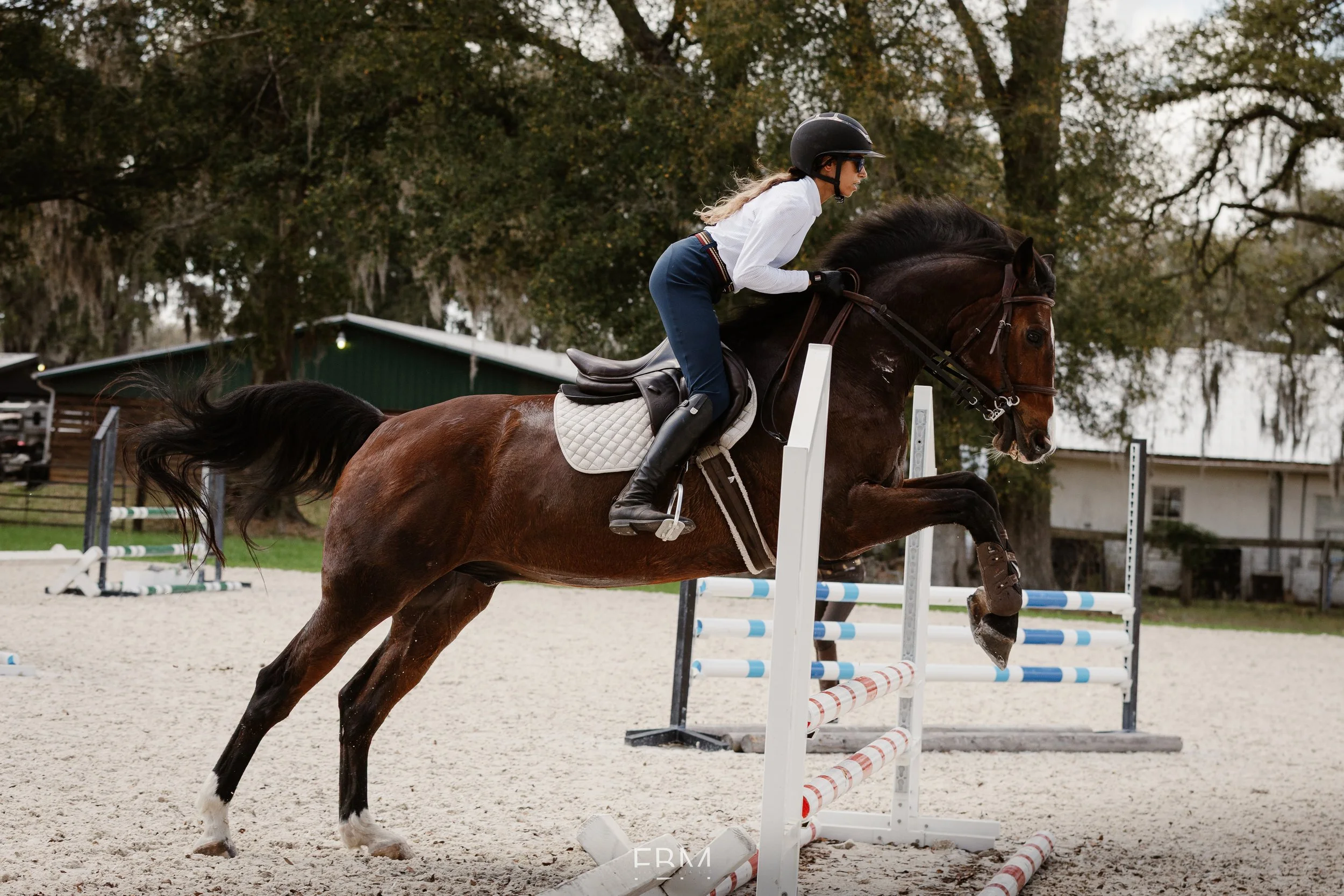 A woman wearing a helmet and riding gear guides a horse over a jump during an equestrian show jumping event, with trees and a small building in the background.