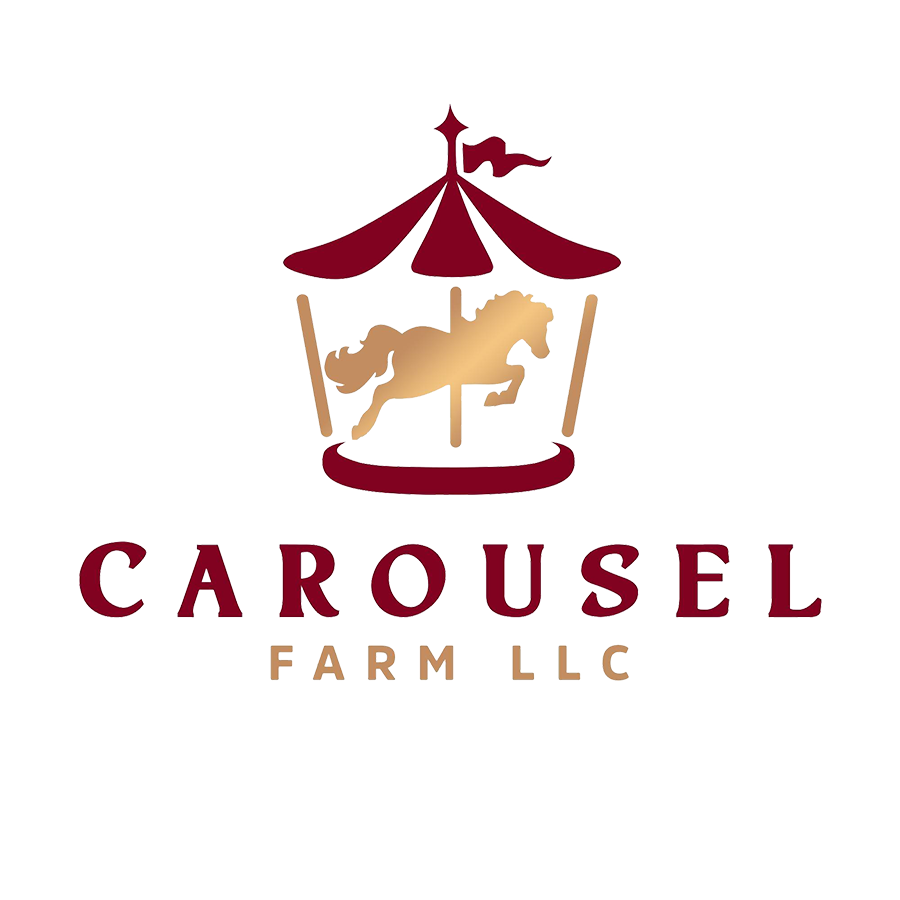 A single gold carousel horse with words "Carousel Farm LLC"
