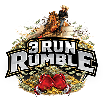 A cowboy on a horse rides above 3 Run Rumble text, with boxing gloves and scattered money and coins in the background.
