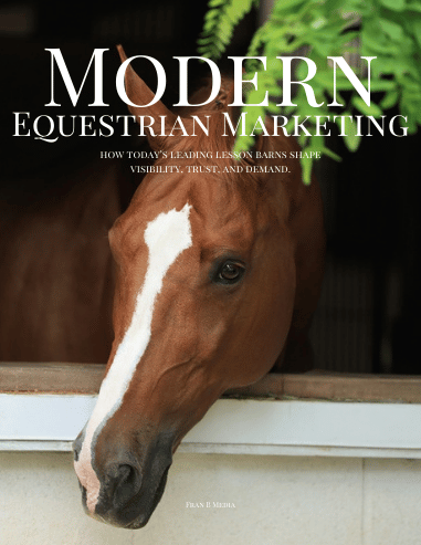 Book cover titled 'Modern Equestrian Marketing' with a close-up of a brown horse's head peering over a white stall door, set against a background of green foliage.