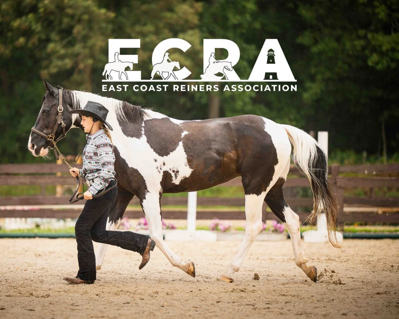 A woman leading a pinto horse in an outdoor arena, with the logo of the East Coast Reiners Association overlaid at the top.