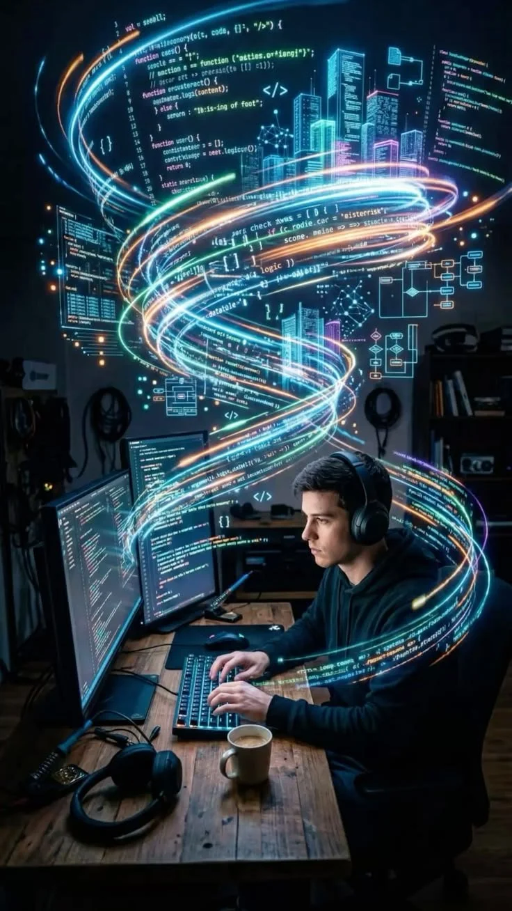 Um jovem programador sentado em uma mesa de madeira, usando fones de ouvido e digitando em um teclado de computador, com múltiplas telas exibindo código de programação. Há elementos visuais de circuitos e linhas de código flutuando ao redor, criando uma atmosfera de alta tecnologia e desenvolvimento de software.