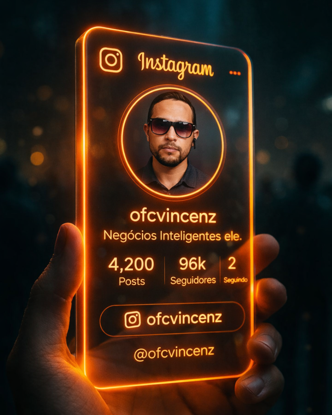 Perfil de um homem com barba, óculos escuros, usando fone de ouvido, exibido em uma tela digital estilo neon com informações de perfil no Instagram, incluindo nome, descrição, número de seguidores e posts.