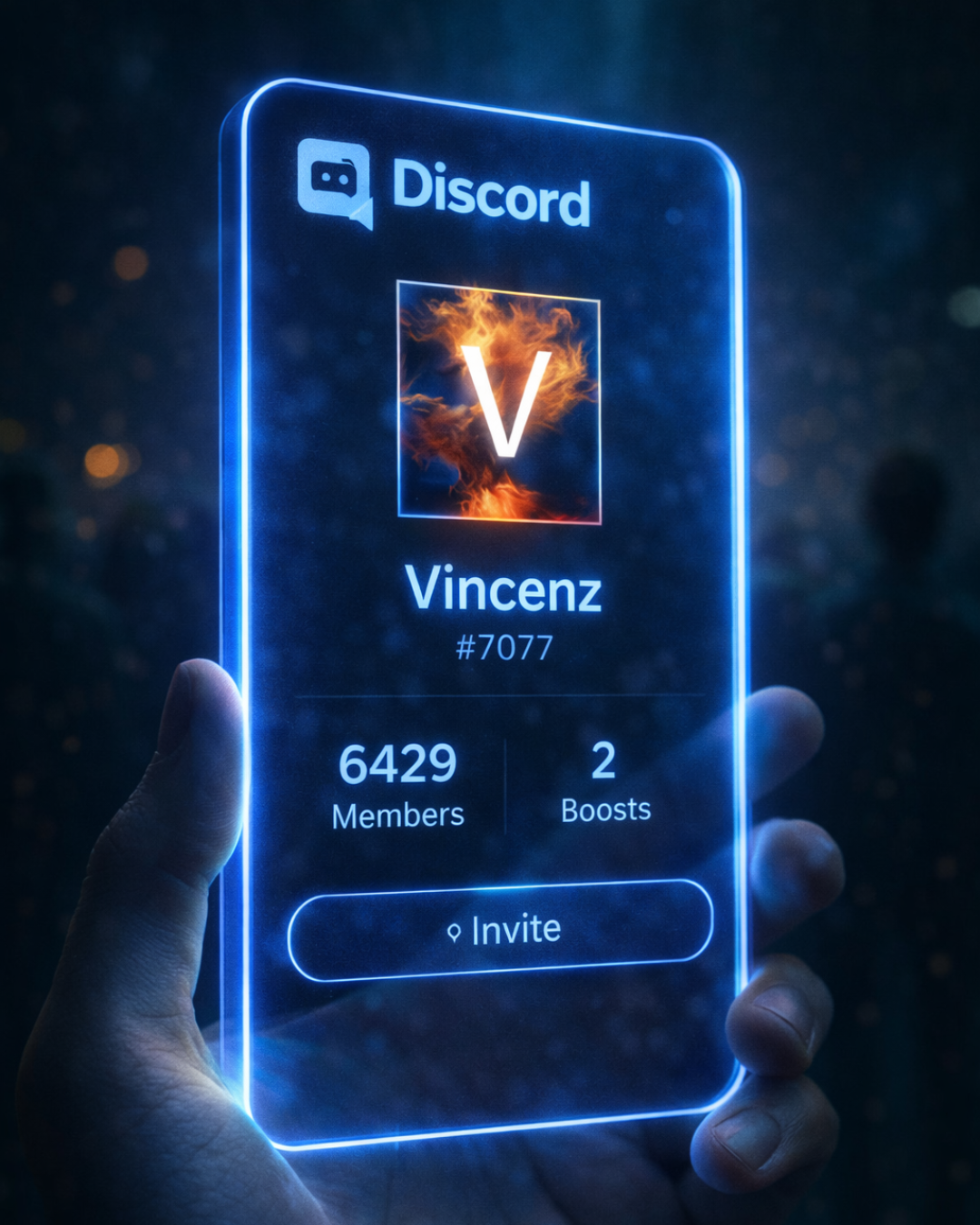 Tela holográfica exibindo perfil de um grupo no Discord chamado Vinzencz, com o símbolo 'V' em fogo, mostrando 6249 membros, 2 incentivos e a opção de convidar.