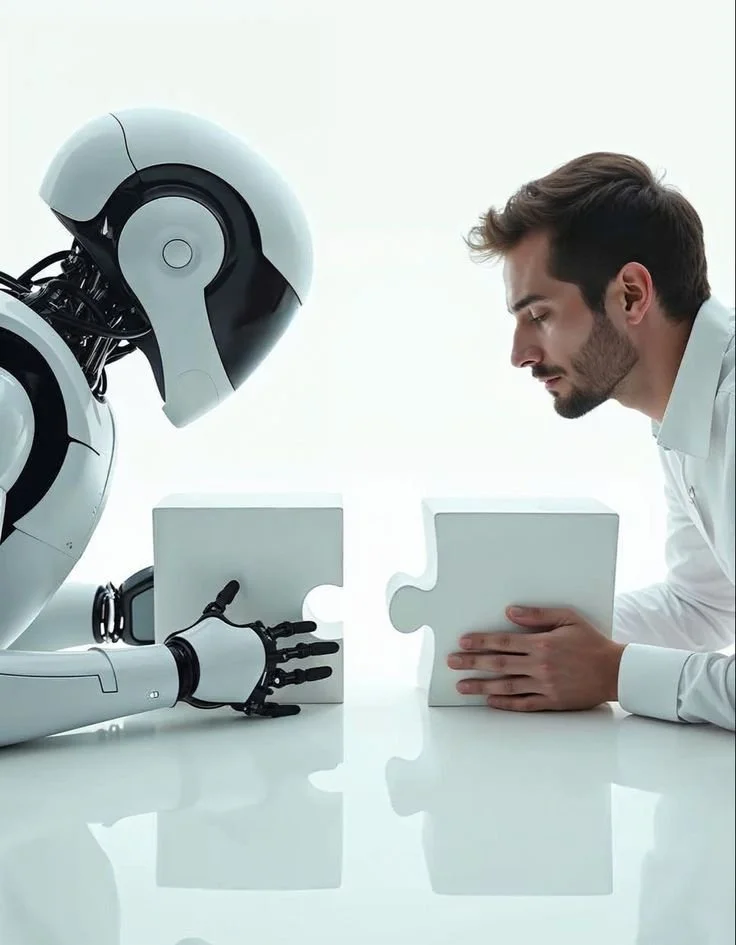 Um humano e um robô estão de frente, cada um segurando uma peça de encaixe em forma de quebra-cabeça, tentando se conectar.