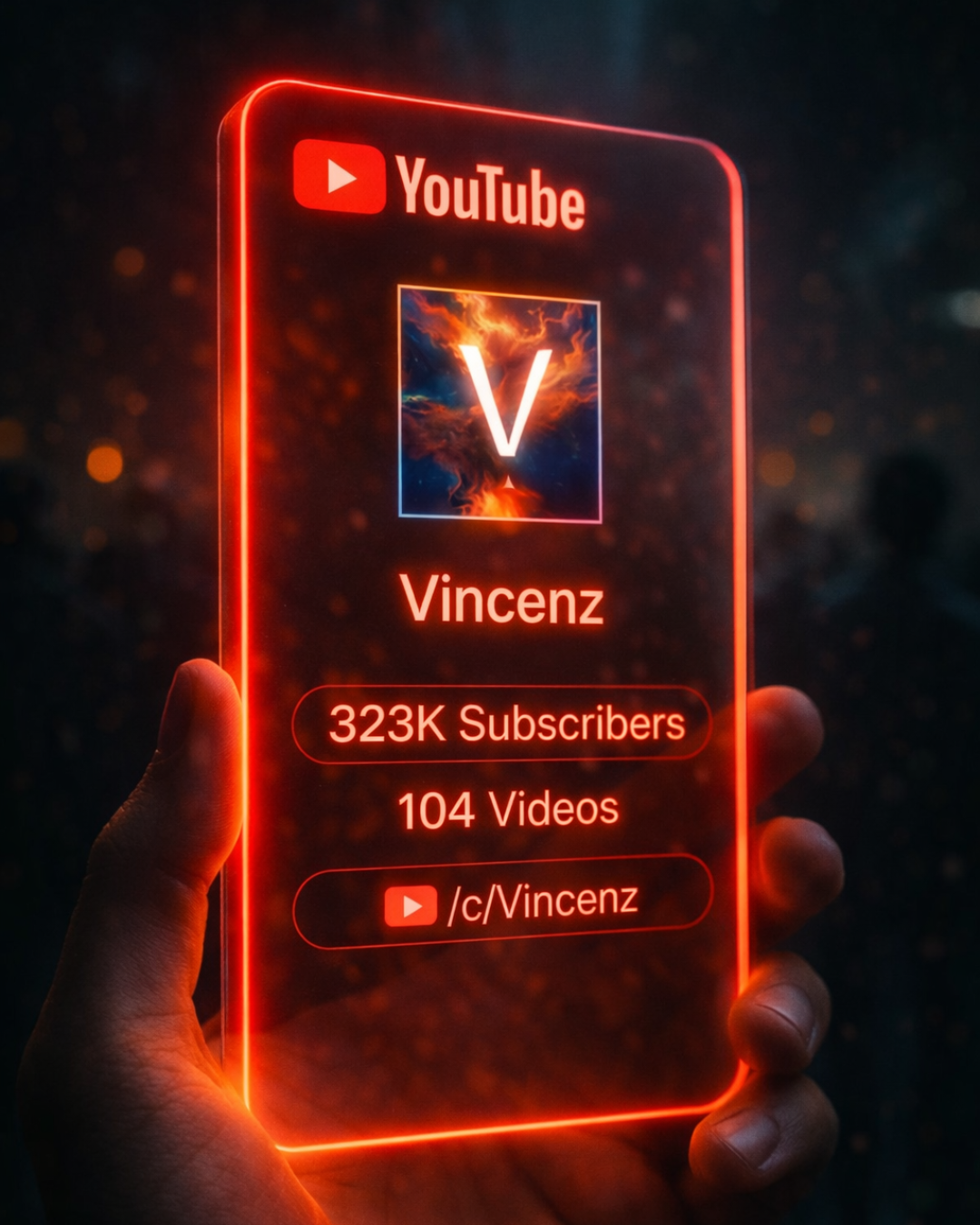 Imagem de perfil de um canal do YouTube chamado Vincenz, com elementos de tecnologia e luz neon vermelha, mostrando o número de inscritos e vídeos.