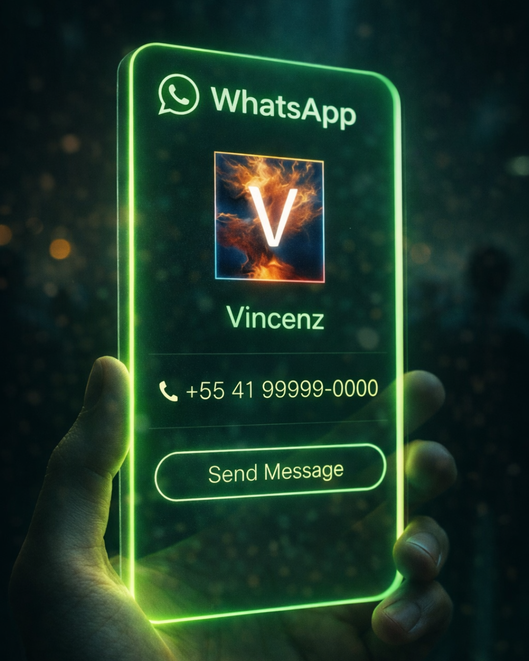 Imagem de uma tela de telefone futurística com a interface do WhatsApp, exibindo um contato chamado Vincenz com o número de telefone +55 41 99999-0000 e uma opção para enviar mensagem.