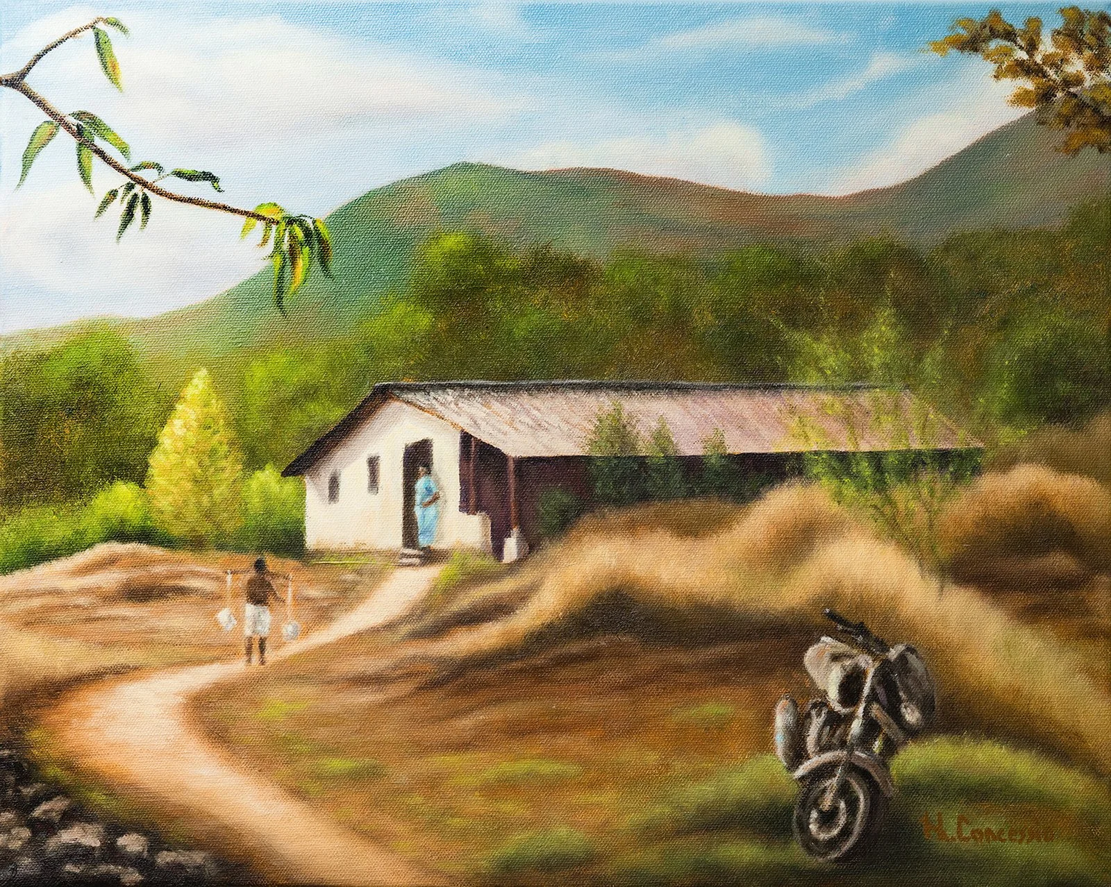 A rural landscape painting depicting a dirt path leading to a small white house with a porch, surrounded by greenery and mountains in the background. There is a motorcycle parked on the grass and two children walking along the path.