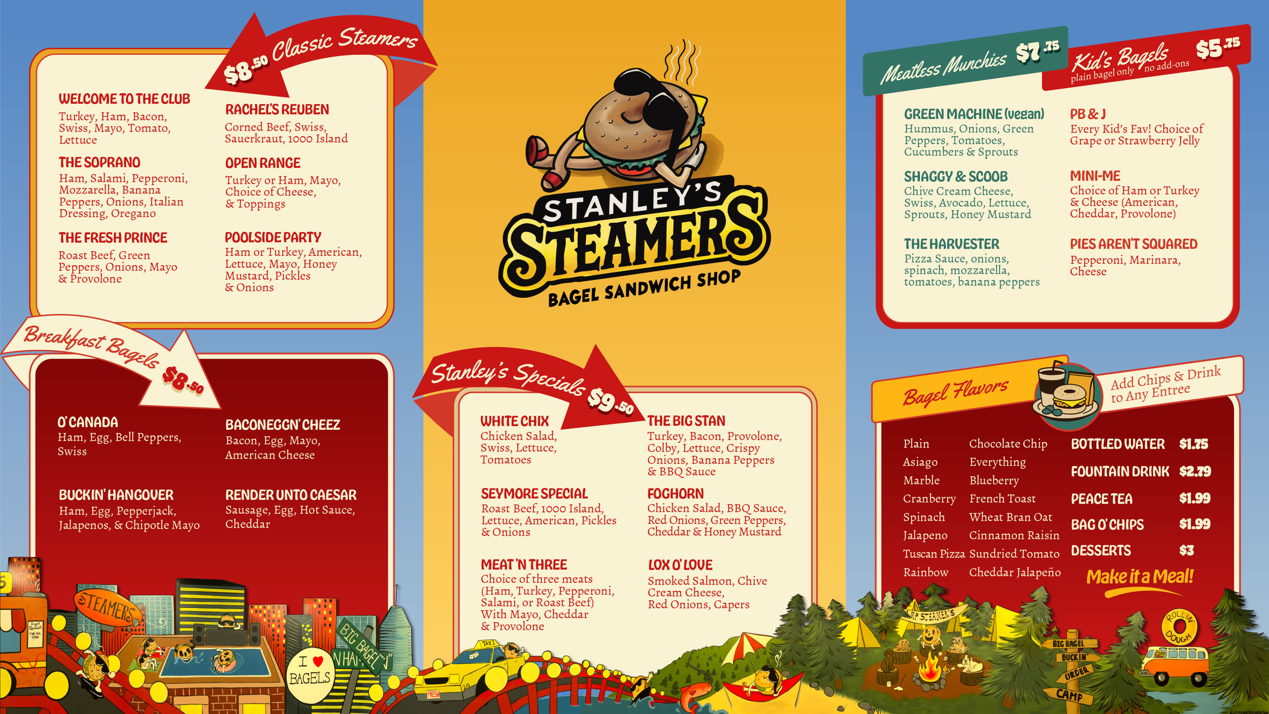 Colorful menu for Stanley's Steamers bagel sandwich shop featuring various sandwich options, prices, and playful illustrations of a cityscape, trees, and camping scene.
