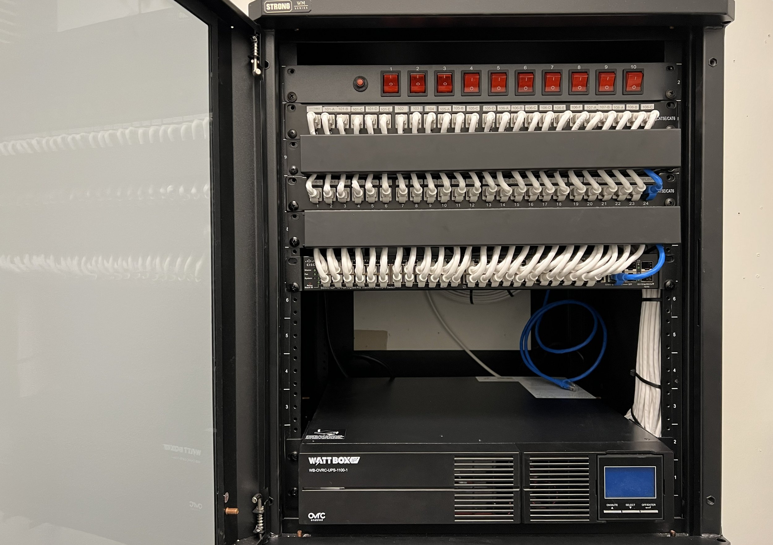 A server rack with network switches and a power supply, with some cables connected.