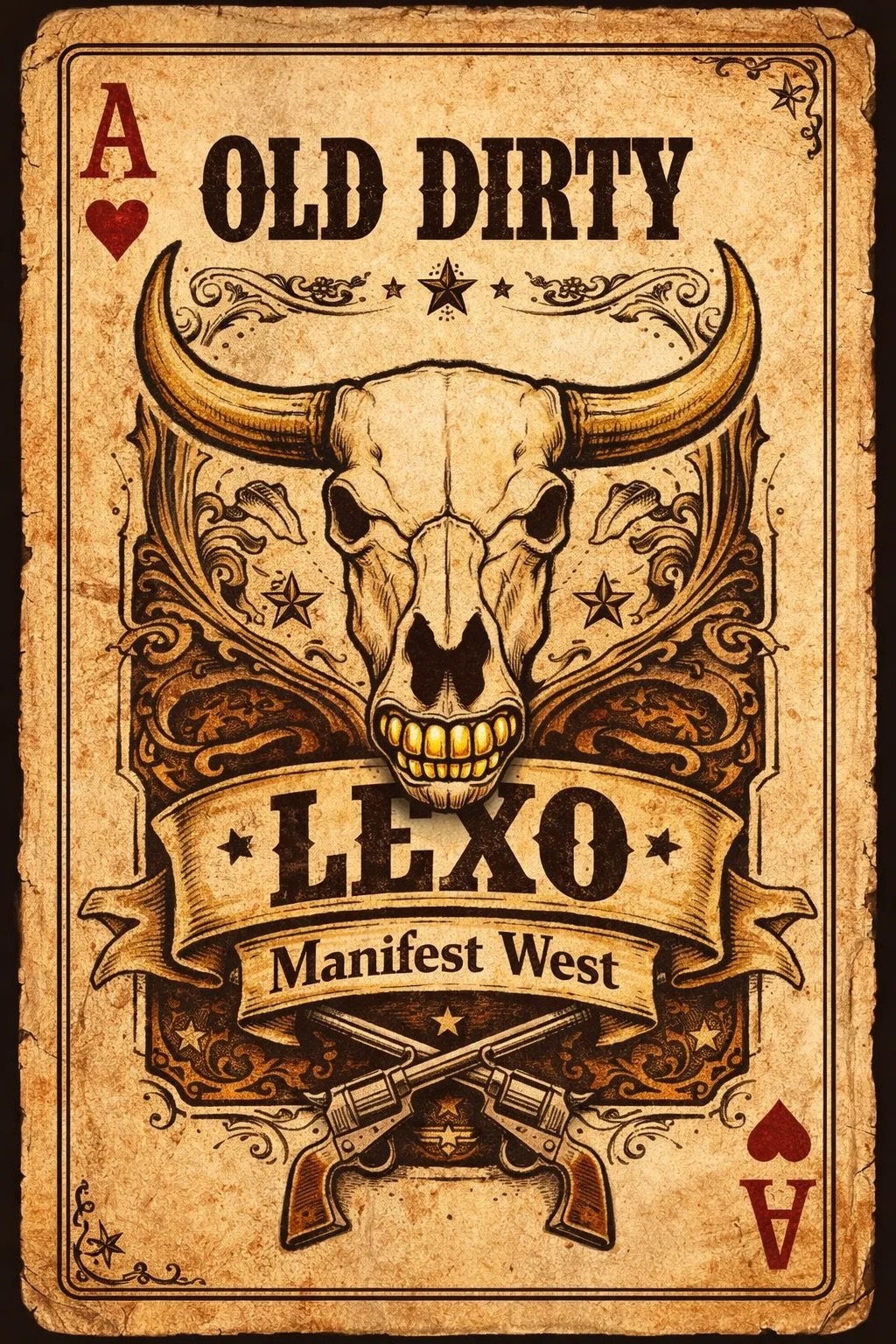 Old Dirty Lexo Manifest West poker card featuring a skull with large horns, decorative scrollwork, two crossed revolvers, and ace of hearts symbols on top and bottom.