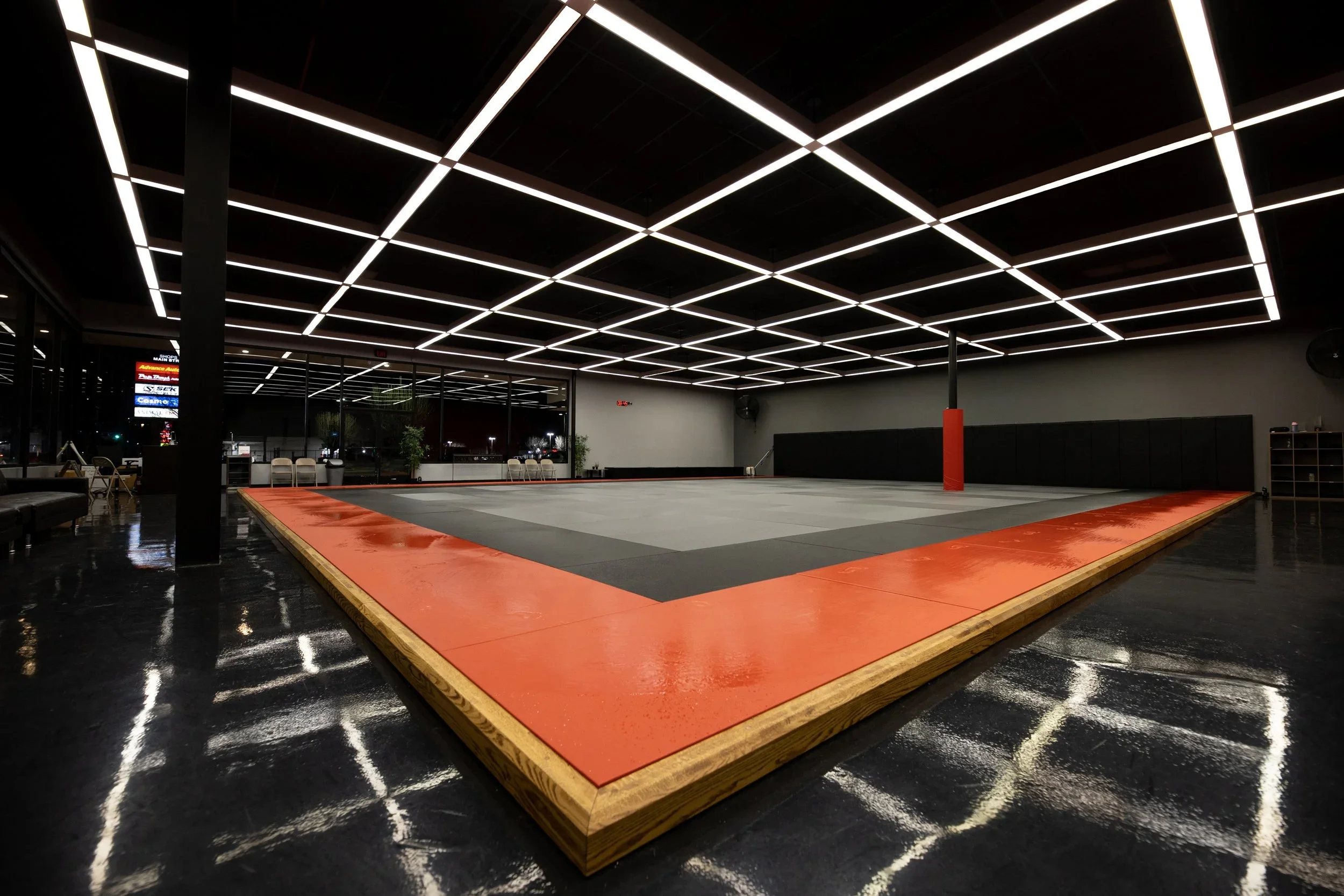 An indoor martial arts training facility with black flooring, a padded mat in the center, and a geometric ceiling light grid.