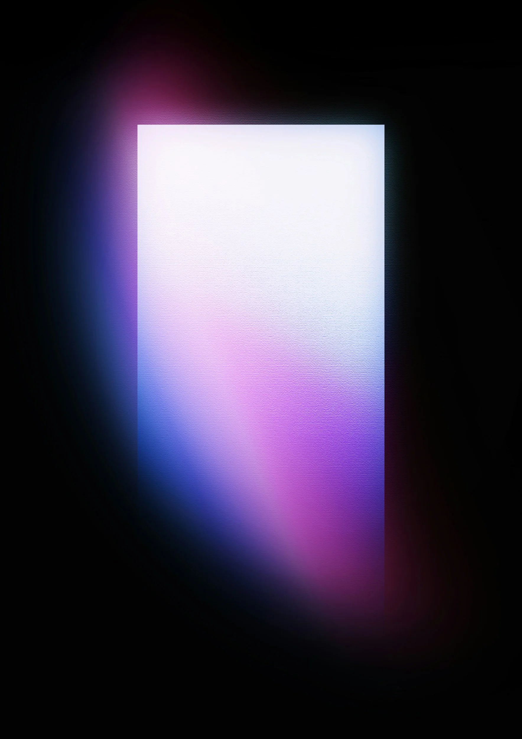 A glowing rectangular screen with a white background displaying a gradient of purple, blue, and pink colors, surrounded by a dark background.
