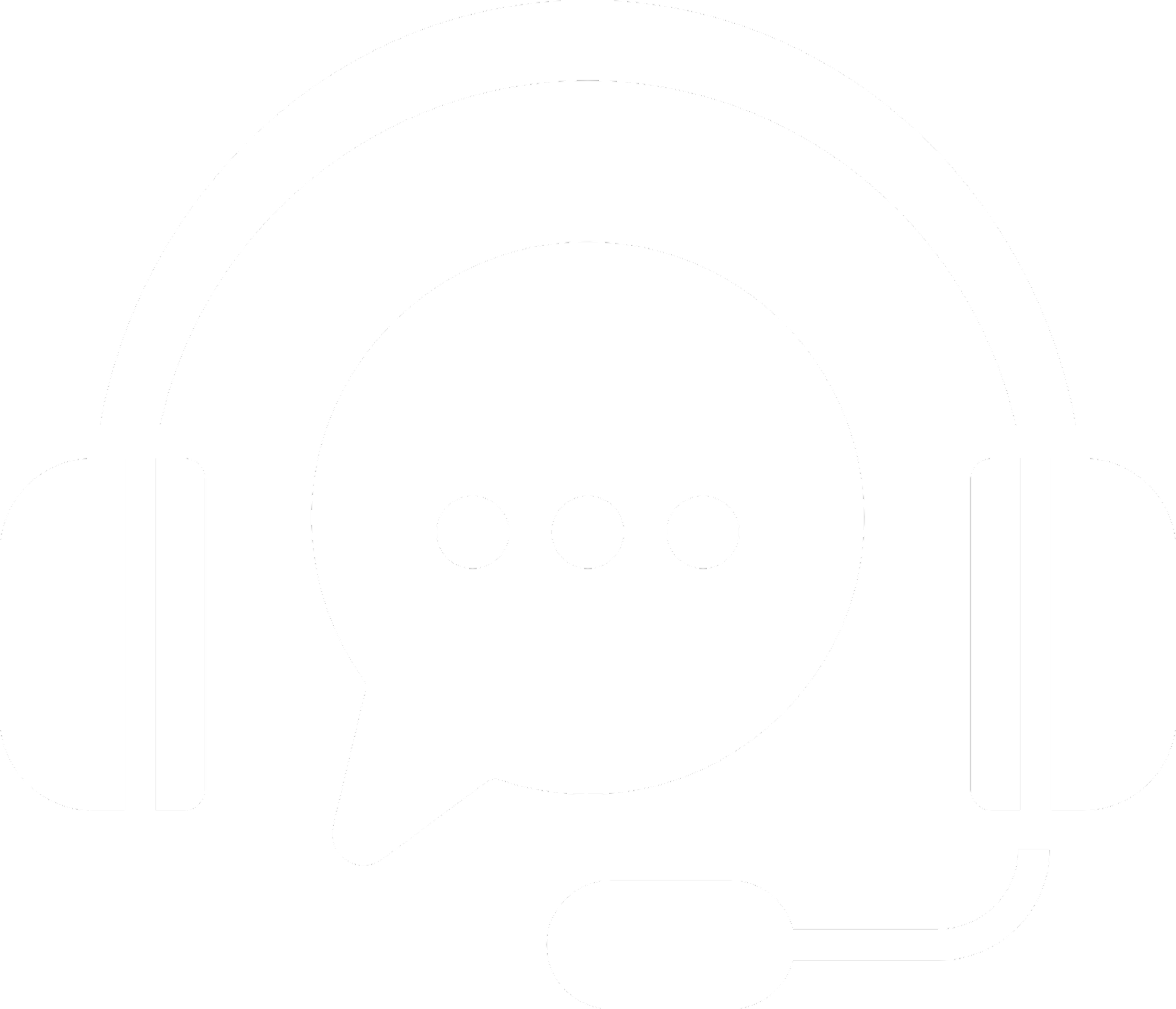 Black and white icon of a speech bubble wearing headphones with a microphone, representing customer support or communication.