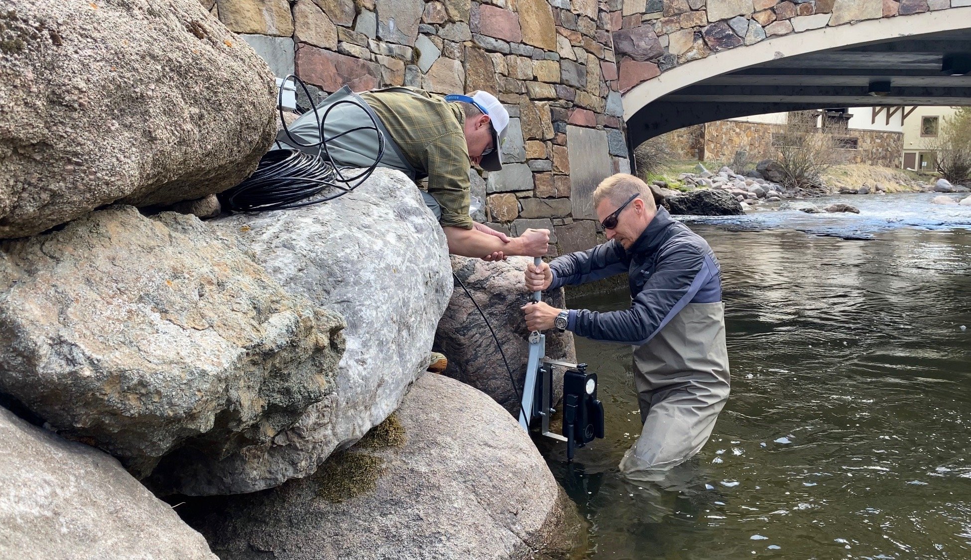 Installing an underwater webcam in Gore Creek with Pete Wadden, Town of Vail Watershed Health Specialist