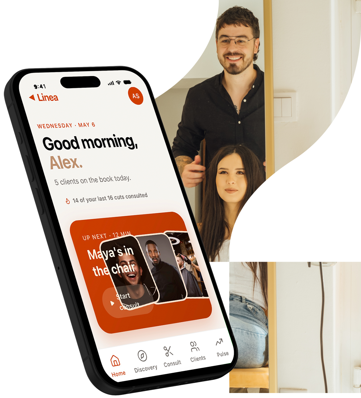 A smartphone displaying a scheduling app with a greeting to Alex and appointment details, alongside two people, a man, and a woman, preparing for a grooming or consultation appointment in a hair salon or spa setting.