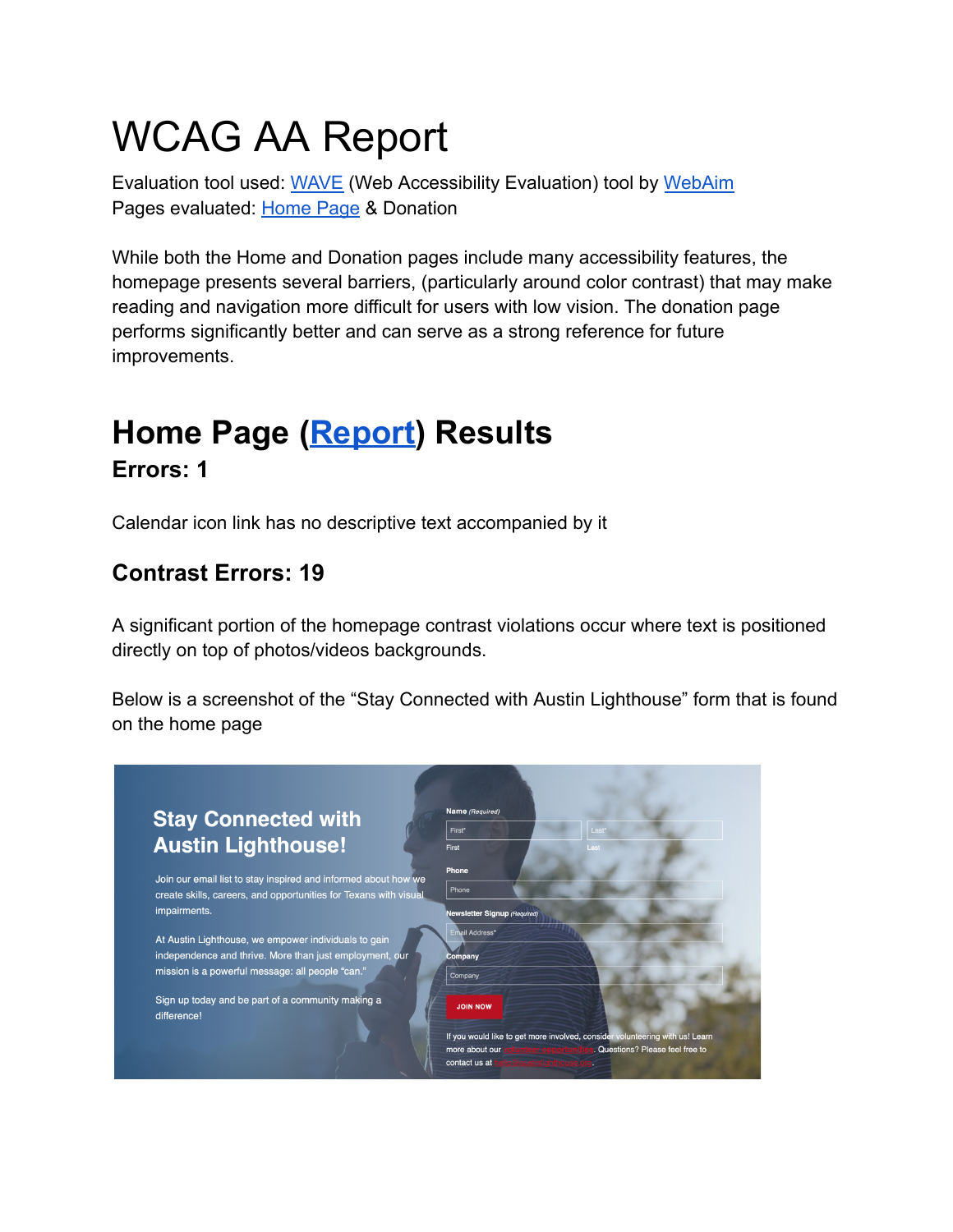 Excerpt from my Austin Lighthouse accessibility report showing 19 WAVE contrast errors on the homepage, an unlabeled calendar icon link, and the original newsletter form.