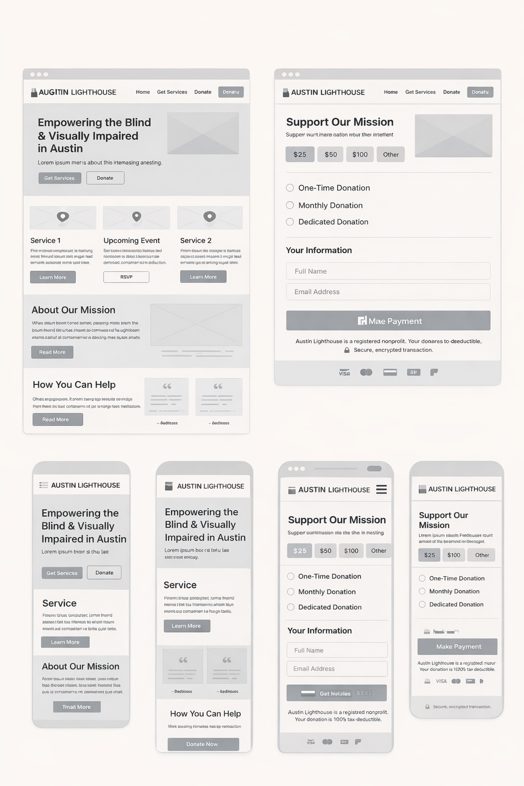 Early Austin Lighthouse desktop and mobile wireframes for the homepage and donation page, showing service navigation, donation amounts, donation type, and personal information.