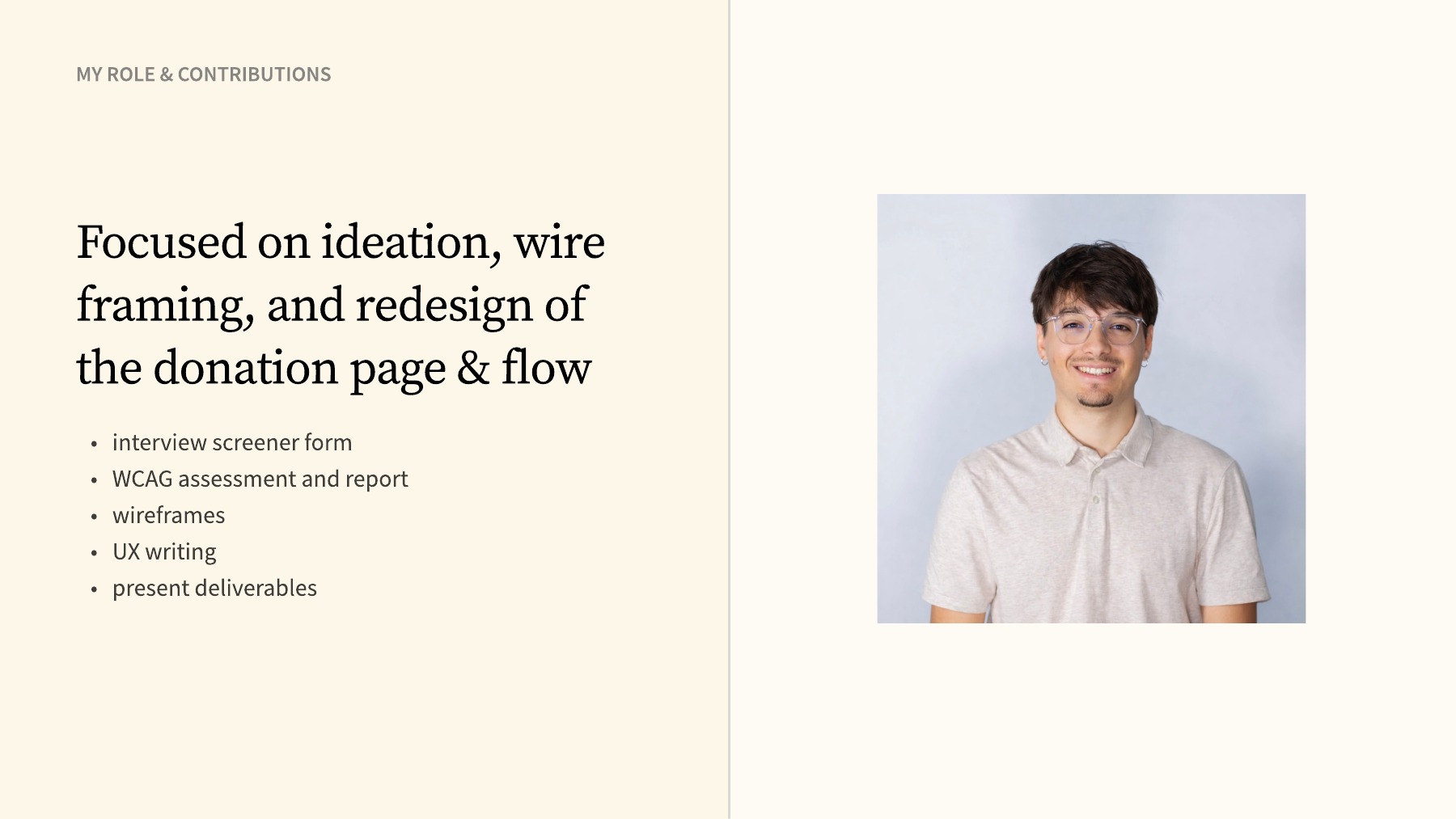 My ALB contributions: interview screener, WAVE accessibility assessment, donation wireframes, UX writing, and final design deliverables, alongside my portrait.