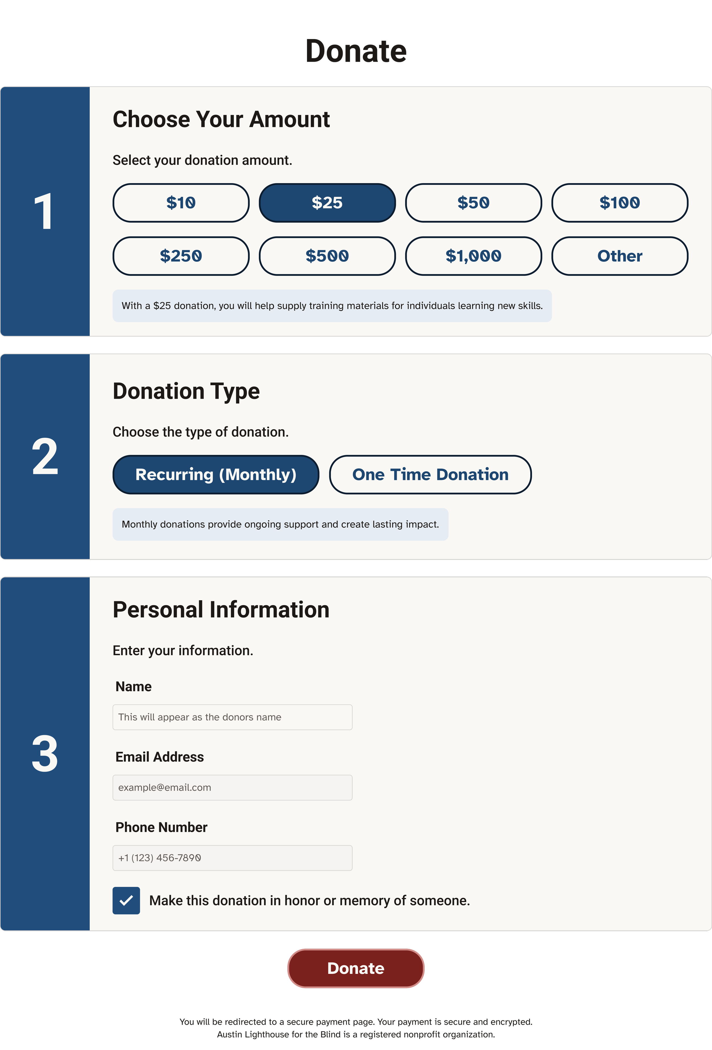 Austin Lighthouse donation form with numbered steps for choosing an amount, selecting donation type, and entering personal information before continuing to payment.