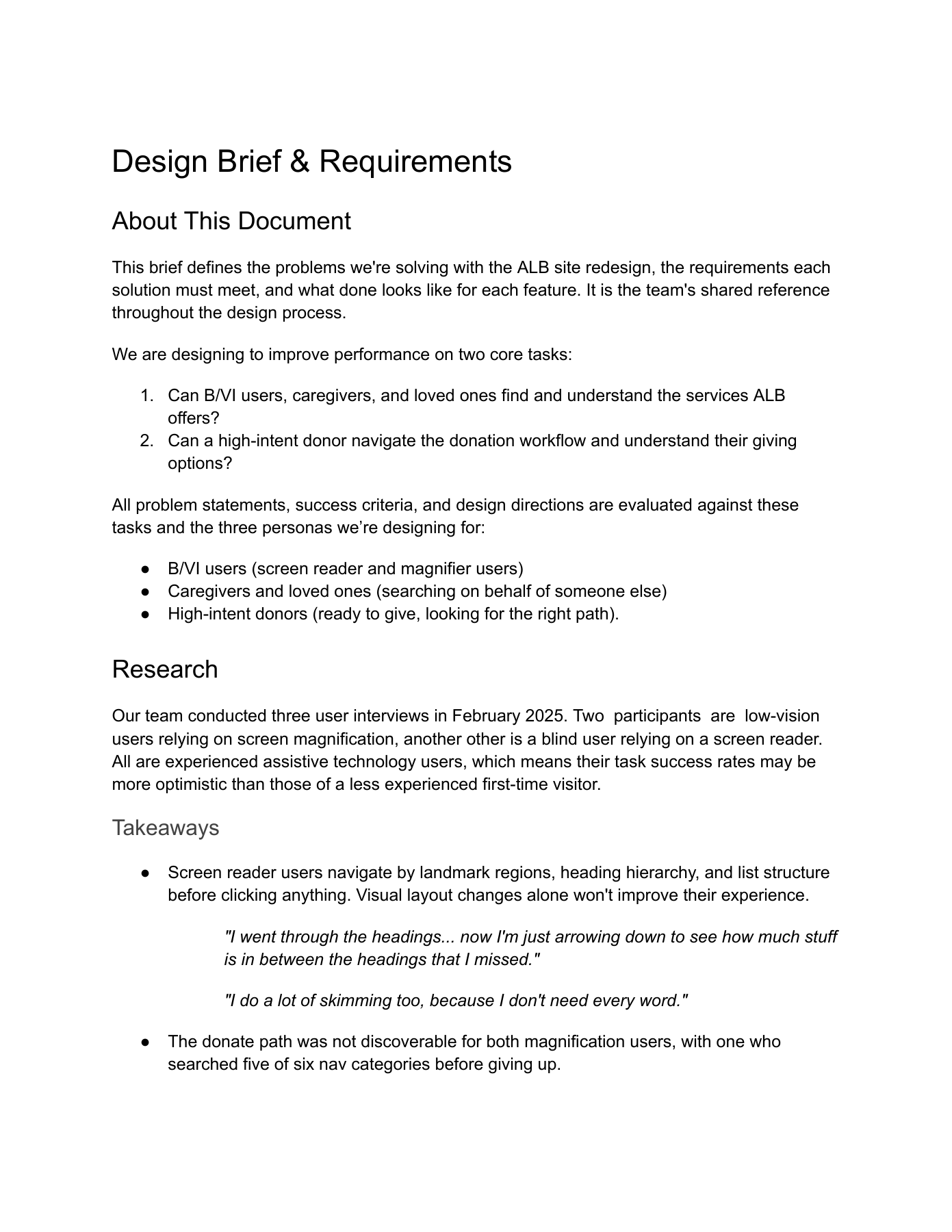 Austin Lighthouse design brief documenting service-finding and donation tasks, research goals, and accessibility requirements for the redesign.